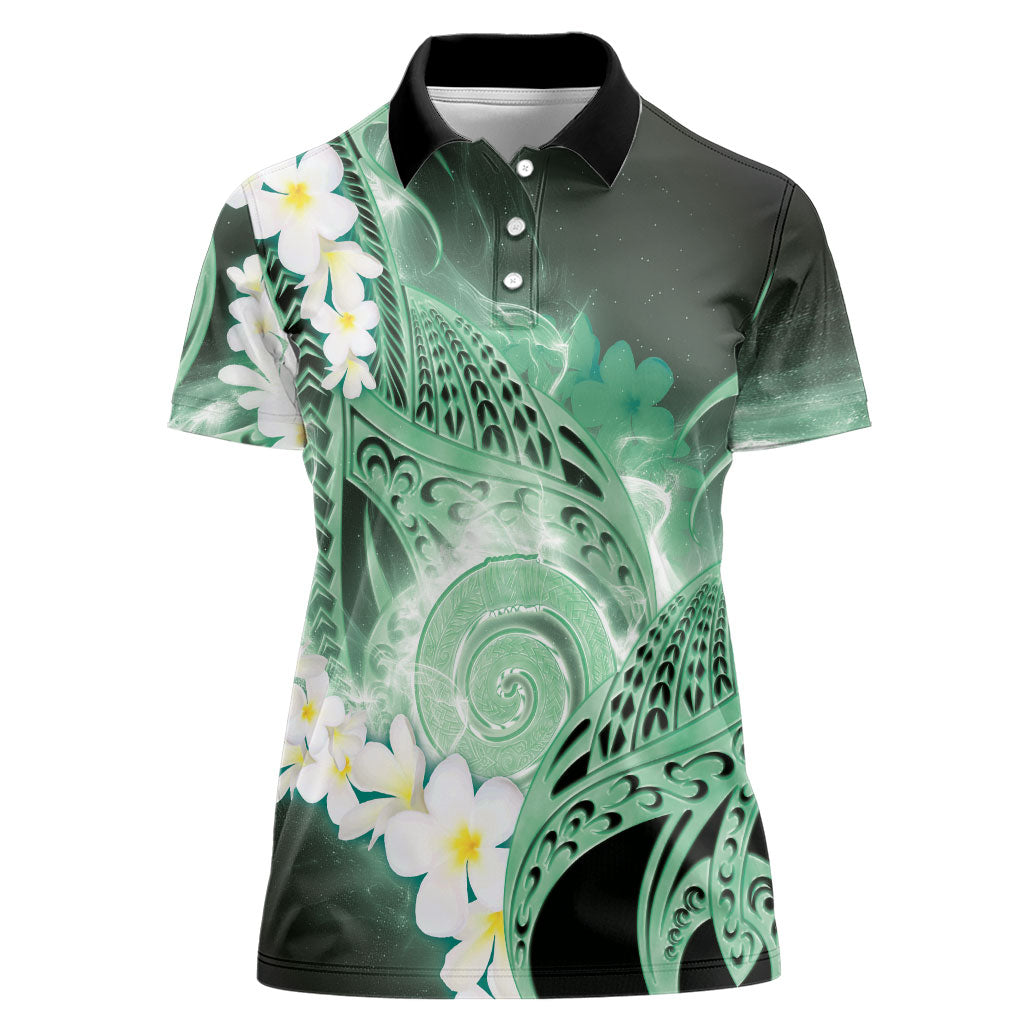 Piko Hawaiian Women Polo Shirt Green Galaxy Spiral Plumeria Tribal Patterns