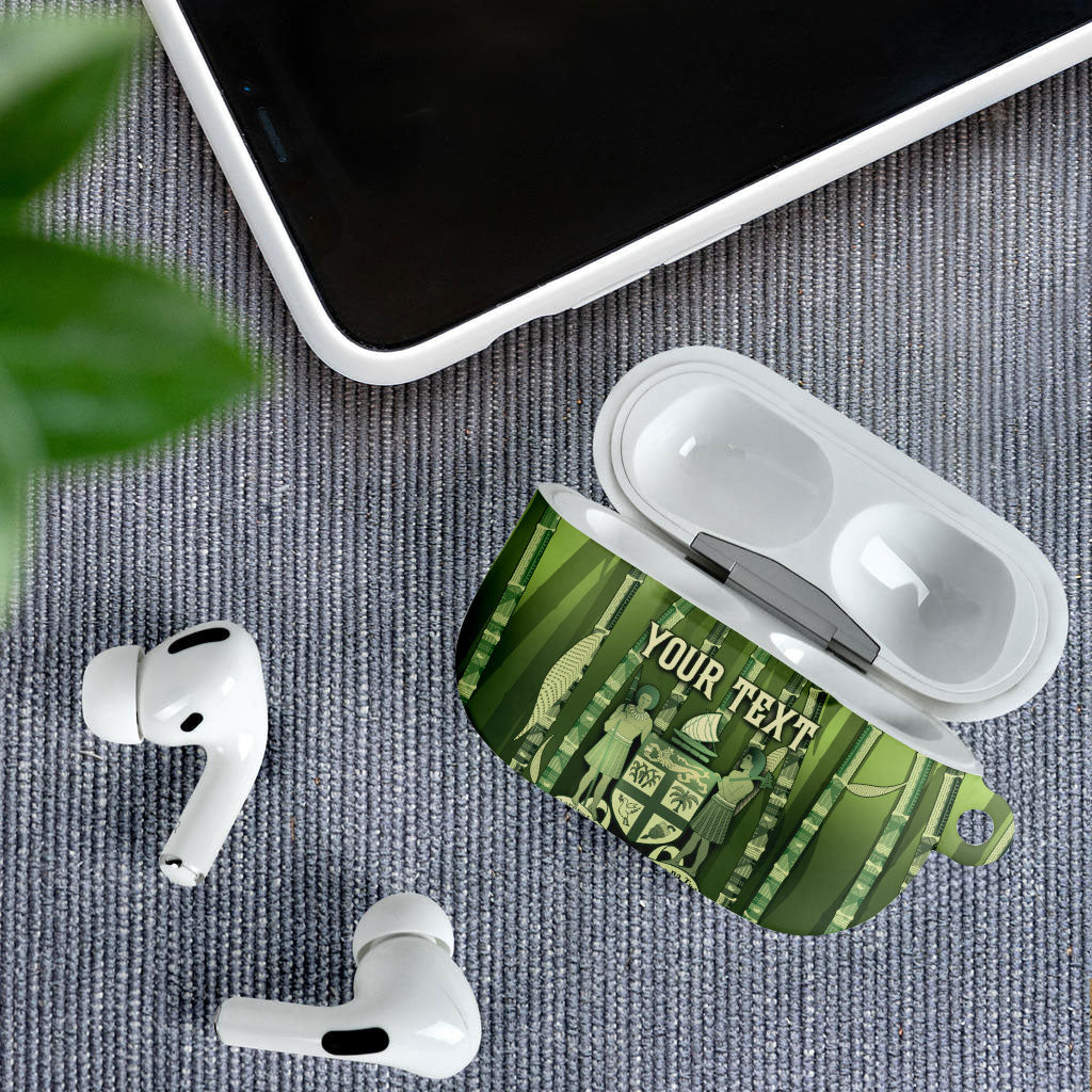Personalised Fiji Language Week Sugarcane Masi AirPods Case Green Tapa Tribal Pattern