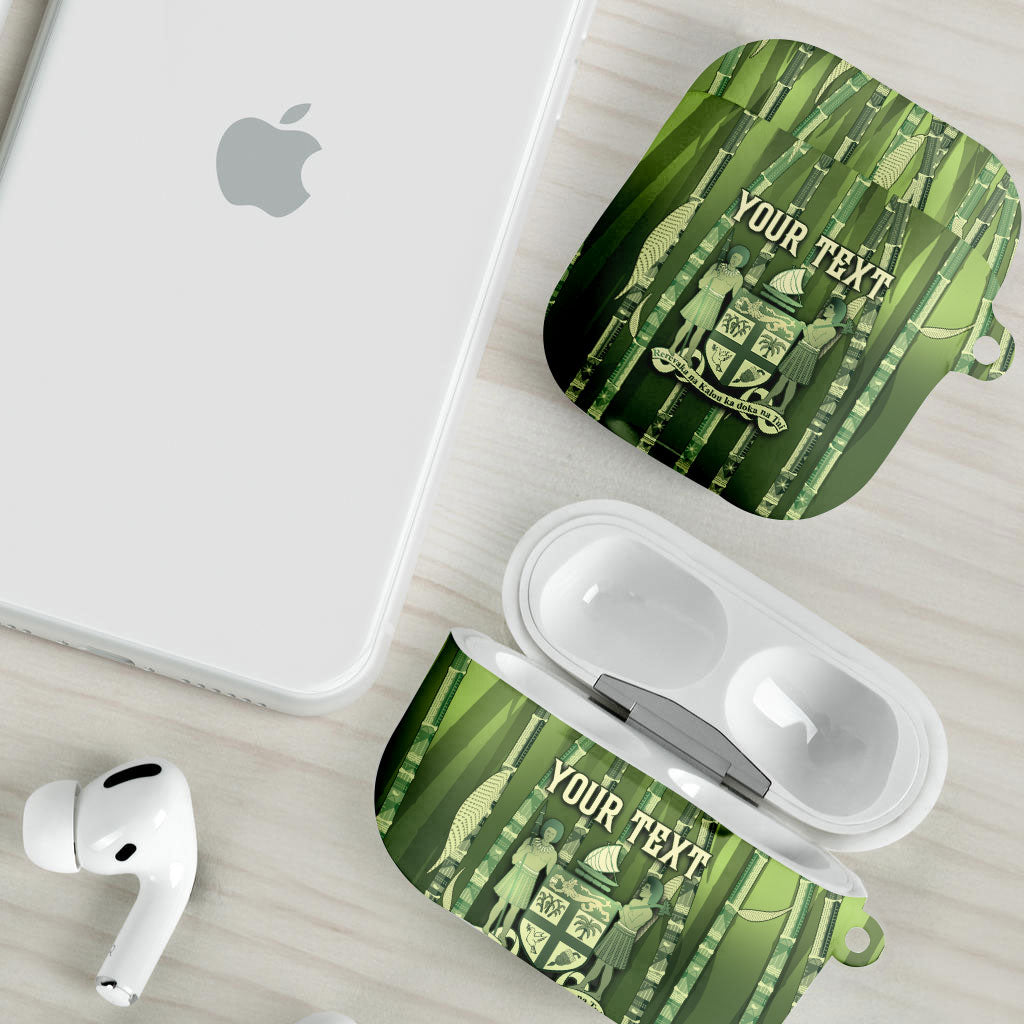 Personalised Fiji Language Week Sugarcane Masi AirPods Case Green Tapa Tribal Pattern