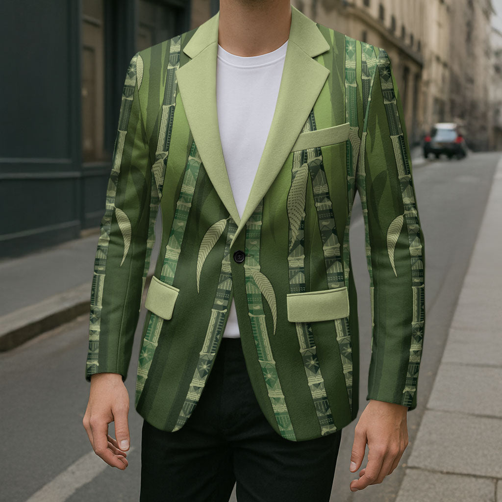 Personalised Fiji Language Week Sugarcane Masi Blazer Green Tapa Tribal Pattern