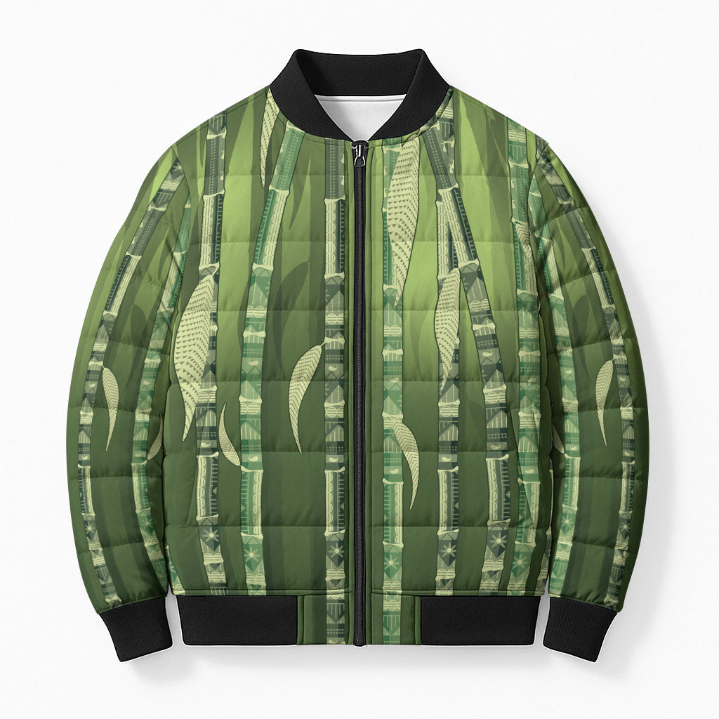 Personalised Fiji Language Week Sugarcane Masi Bomber Puffer Jacket Green Tapa Tribal Pattern