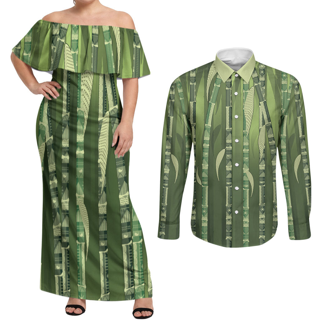 Personalised Fiji Language Week Sugarcane Masi Couples Matching Off Shoulder Maxi Dress and Long Sleeve Button Shirt Green Tapa Tribal Pattern