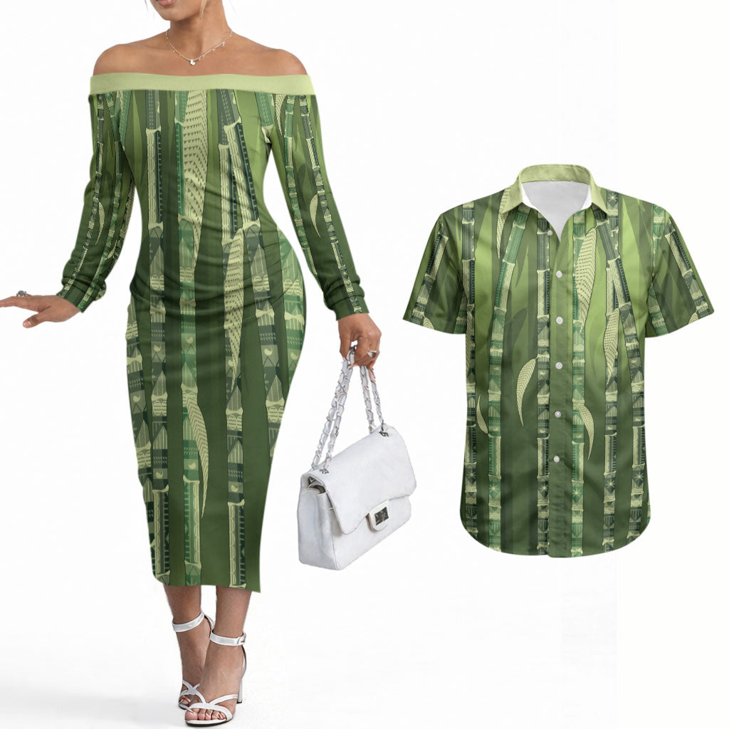 Personalised Fiji Language Week Sugarcane Masi Couples Matching Off The Shoulder Long Sleeve Dress and Hawaiian Shirt Green Tapa Tribal Pattern DT05 Green - Polynesian Pride