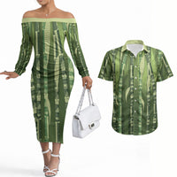 Personalised Fiji Language Week Sugarcane Masi Couples Matching Off The Shoulder Long Sleeve Dress and Hawaiian Shirt Green Tapa Tribal Pattern