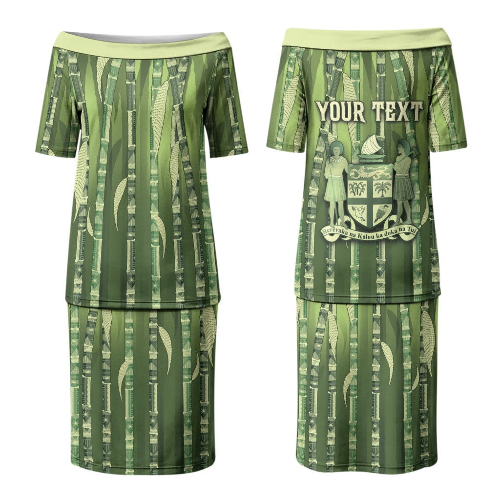 Personalised Fiji Language Week Sugarcane Masi Couples Matching Puletasi and Hawaiian Shirt Green Tapa Tribal Pattern