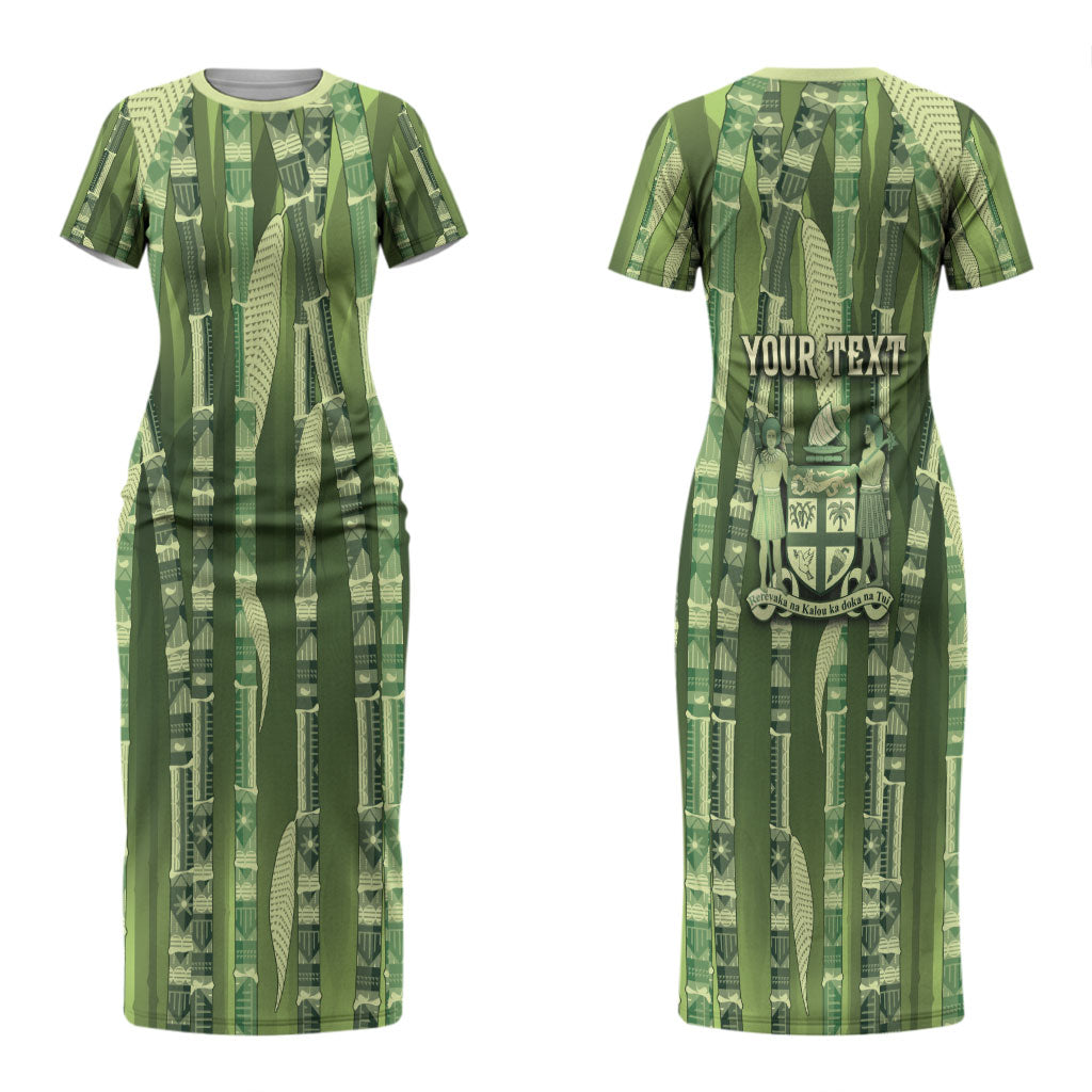 Personalised Fiji Language Week Sugarcane Masi Couples Matching Short Sleeve Bodycon Dress and Long Sleeve Button Shirt Green Tapa Tribal Pattern