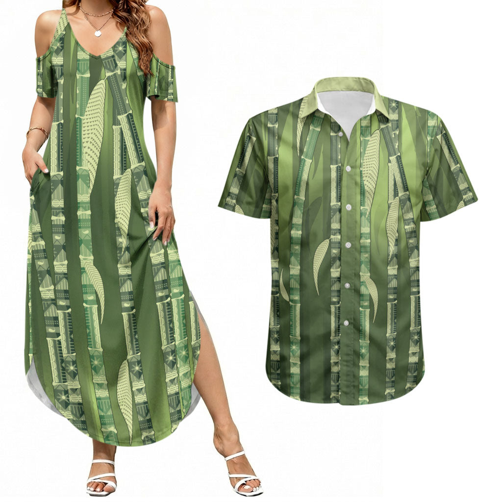 Personalised Fiji Language Week Sugarcane Masi Couples Matching Summer Maxi Dress and Hawaiian Shirt Green Tapa Tribal Pattern DT05 Green - Polynesian Pride