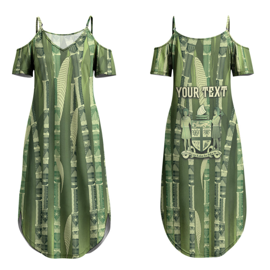 Personalised Fiji Language Week Sugarcane Masi Couples Matching Summer Maxi Dress and Hawaiian Shirt Green Tapa Tribal Pattern