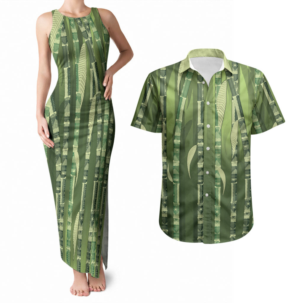 Personalised Fiji Language Week Sugarcane Masi Couples Matching Tank Maxi Dress and Hawaiian Shirt Green Tapa Tribal Pattern DT05 Green - Polynesian Pride