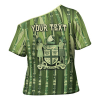 Personalised Fiji Language Week Sugarcane Masi Cross Shoulder Shirt Green Tapa Tribal Pattern