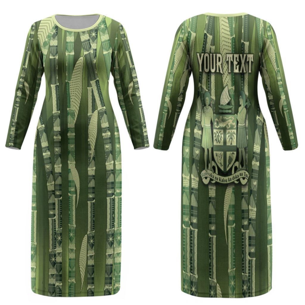 Personalised Fiji Language Week Sugarcane Masi Family Matching Long Sleeve Bodycon Dress and Hawaiian Shirt Green Tapa Tribal Pattern