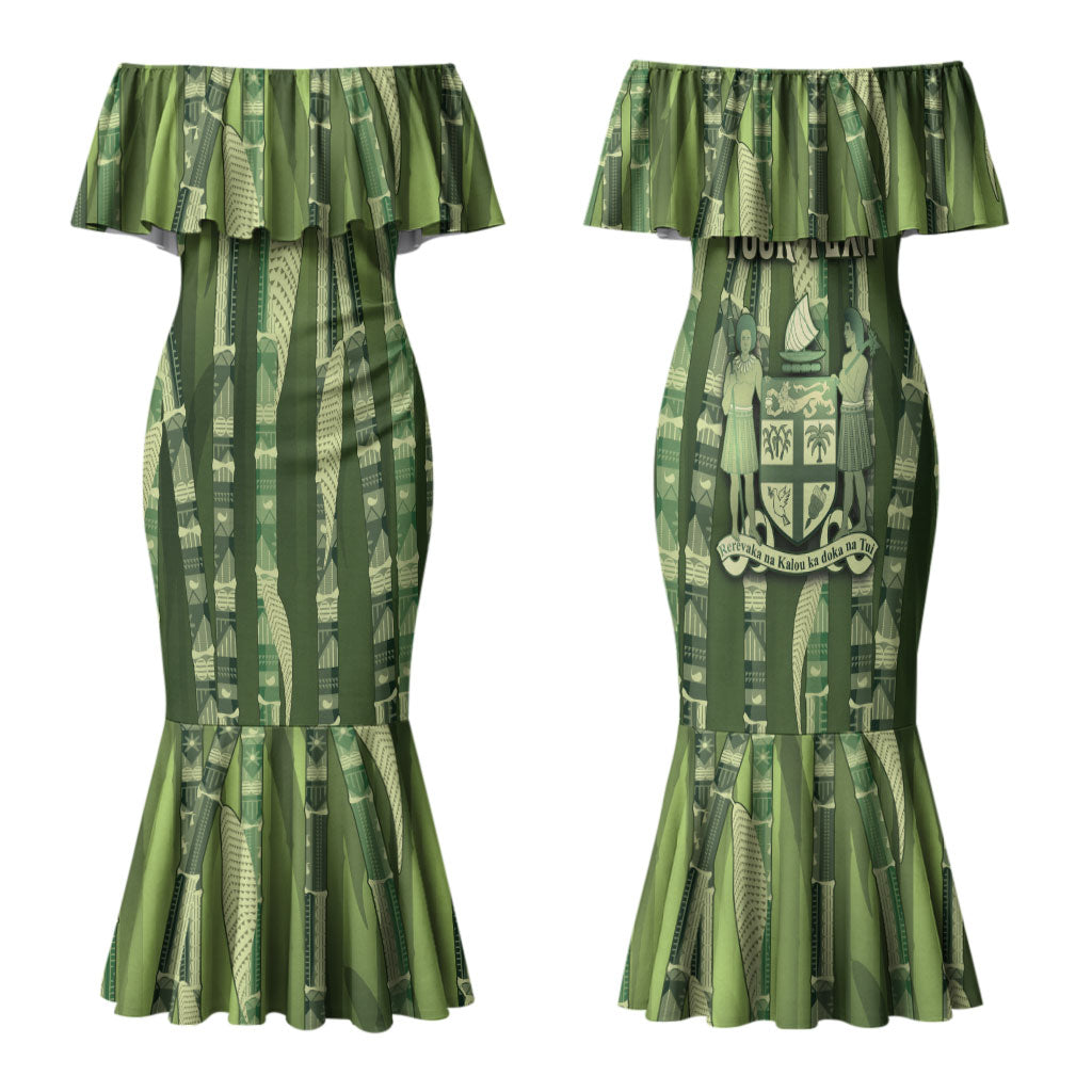 Personalised Fiji Language Week Sugarcane Masi Family Matching Mermaid Dress and Hawaiian Shirt Green Tapa Tribal Pattern