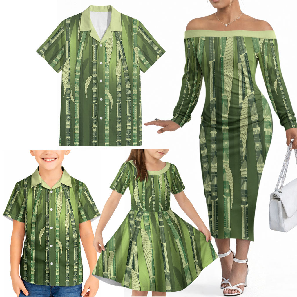 Personalised Fiji Language Week Sugarcane Masi Family Matching Off The Shoulder Long Sleeve Dress and Hawaiian Shirt Green Tapa Tribal Pattern DT05 - Polynesian Pride
