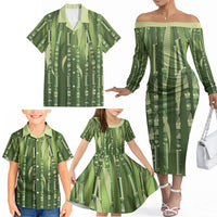 Personalised Fiji Language Week Sugarcane Masi Family Matching Off The Shoulder Long Sleeve Dress and Hawaiian Shirt Green Tapa Tribal Pattern