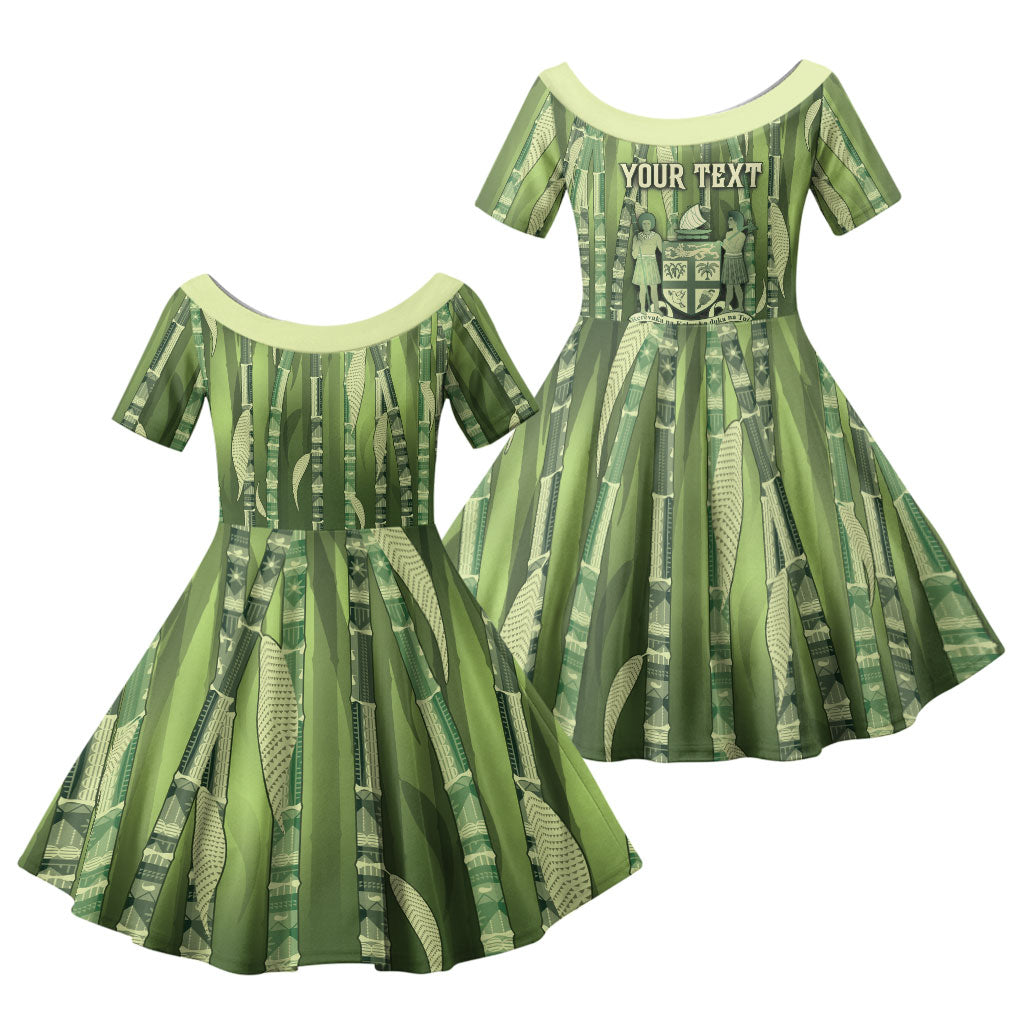 Personalised Fiji Language Week Sugarcane Masi Family Matching Off Shoulder Maxi Dress and Hawaiian Shirt Green Tapa Tribal Pattern