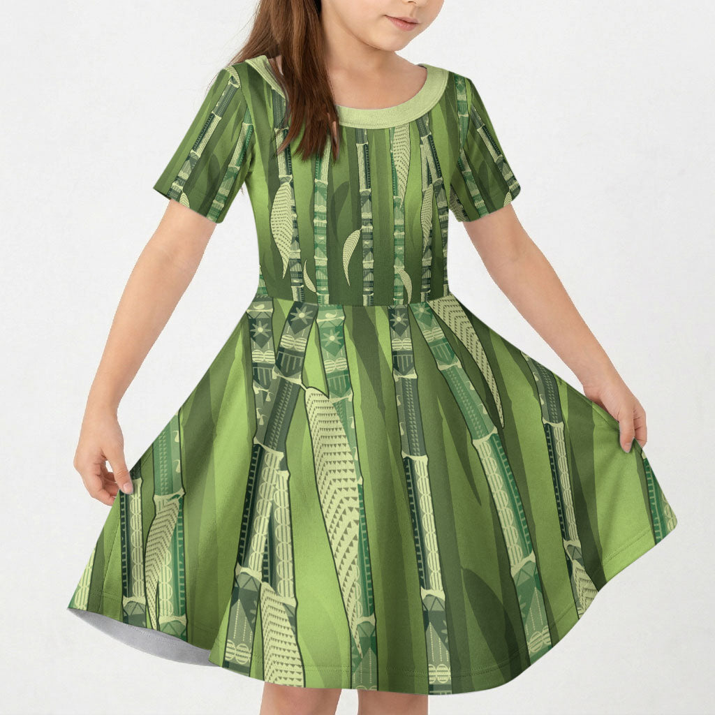 Personalised Fiji Language Week Sugarcane Masi Kid Short Sleeve Dress Green Tapa Tribal Pattern