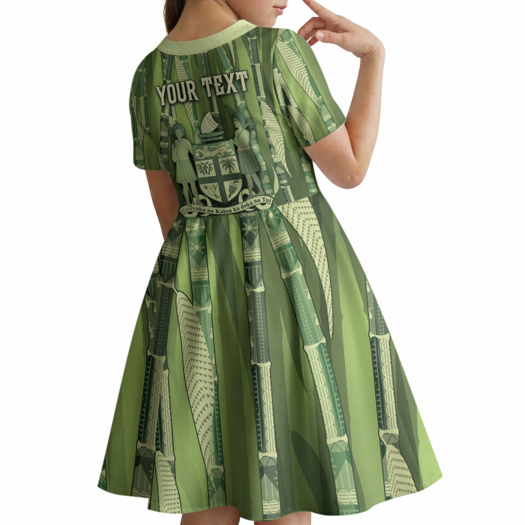Personalised Fiji Language Week Sugarcane Masi Kid Short Sleeve Dress Green Tapa Tribal Pattern
