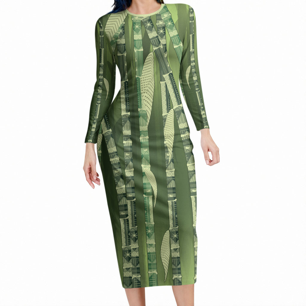 Personalised Fiji Language Week Sugarcane Masi Long Sleeve Bodycon Dress Green Tapa Tribal Pattern