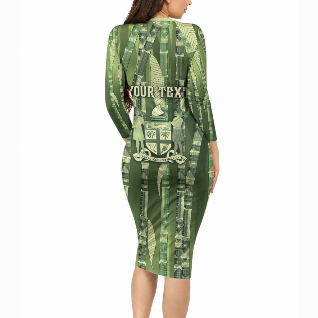 Personalised Fiji Language Week Sugarcane Masi Long Sleeve Bodycon Dress Green Tapa Tribal Pattern