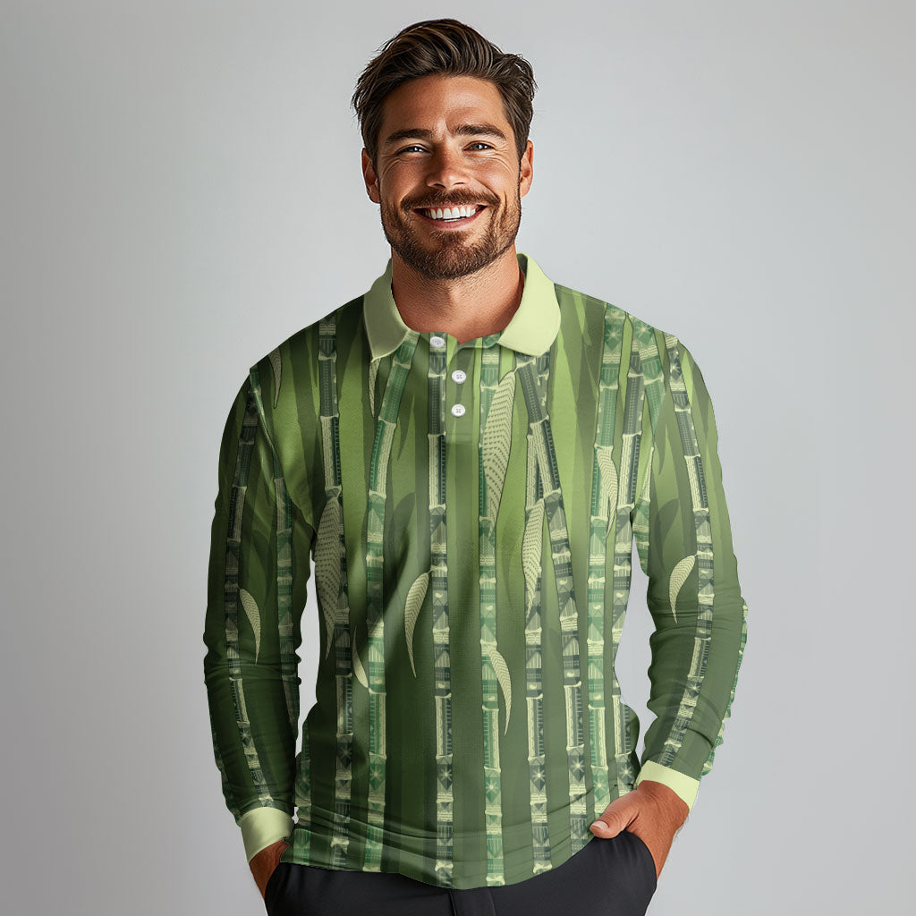 Personalised Fiji Language Week Sugarcane Masi Long Sleeve Polo Shirt Green Tapa Tribal Pattern
