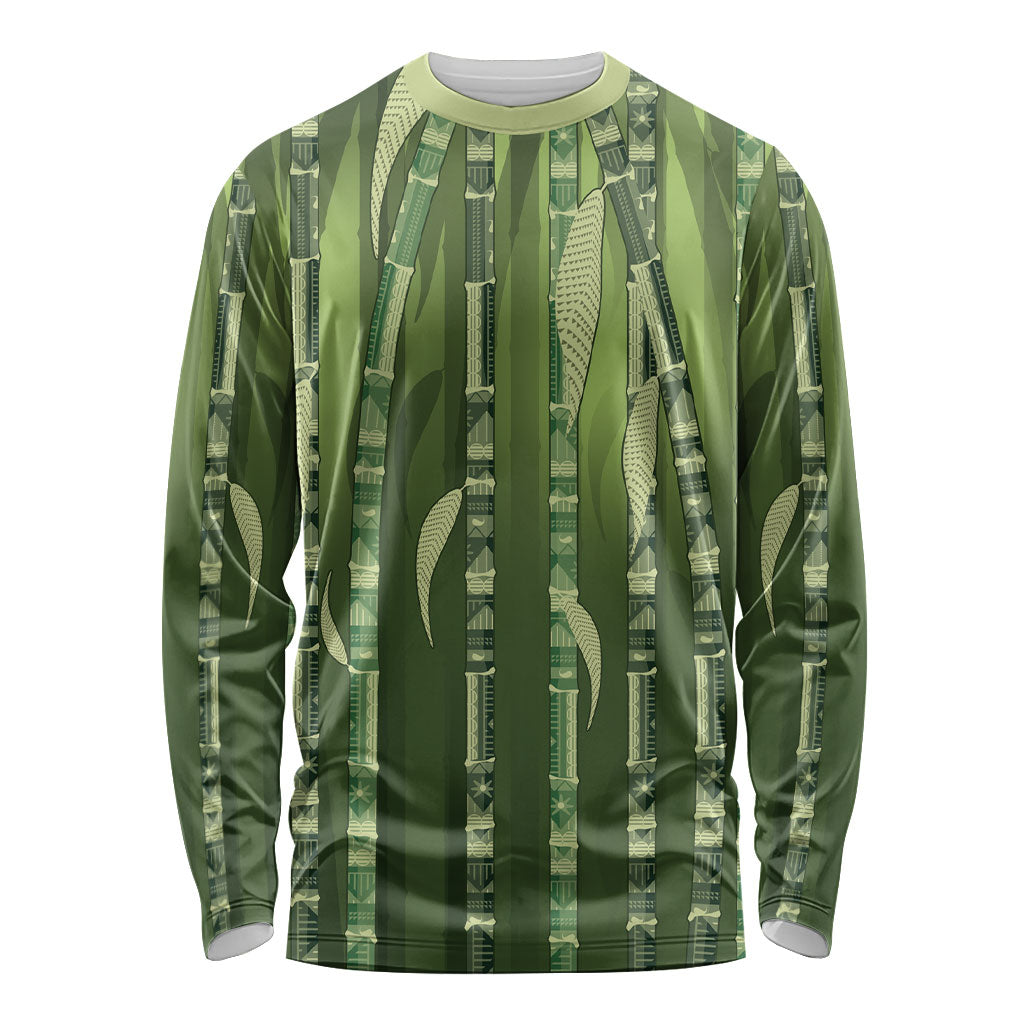 Personalised Fiji Language Week Sugarcane Masi Long Sleeve Shirt Green Tapa Tribal Pattern