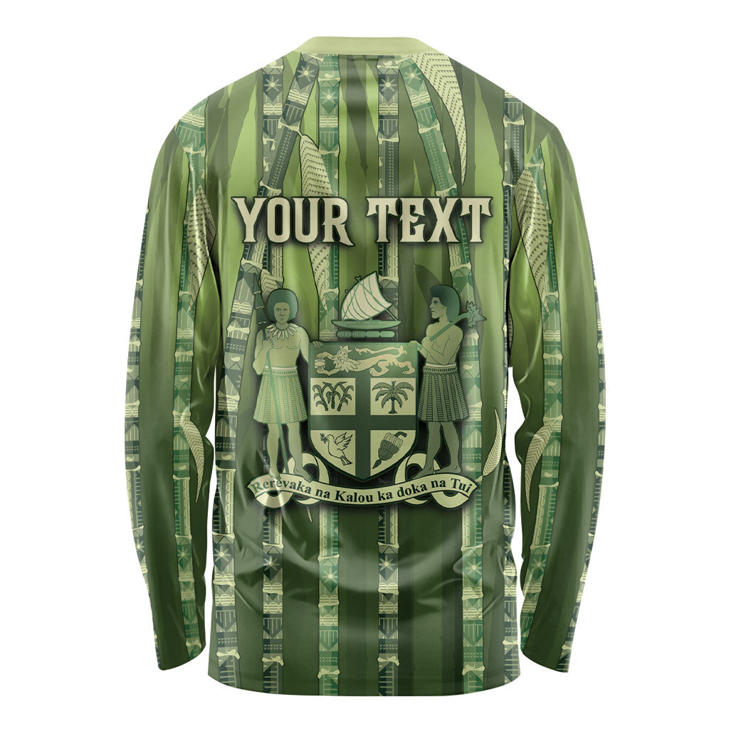 Personalised Fiji Language Week Sugarcane Masi Long Sleeve Shirt Green Tapa Tribal Pattern