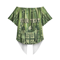Personalised Fiji Language Week Sugarcane Masi Off Shoulder Wrap Waist Top Green Tapa Tribal Pattern DT05 - Polynesian Pride