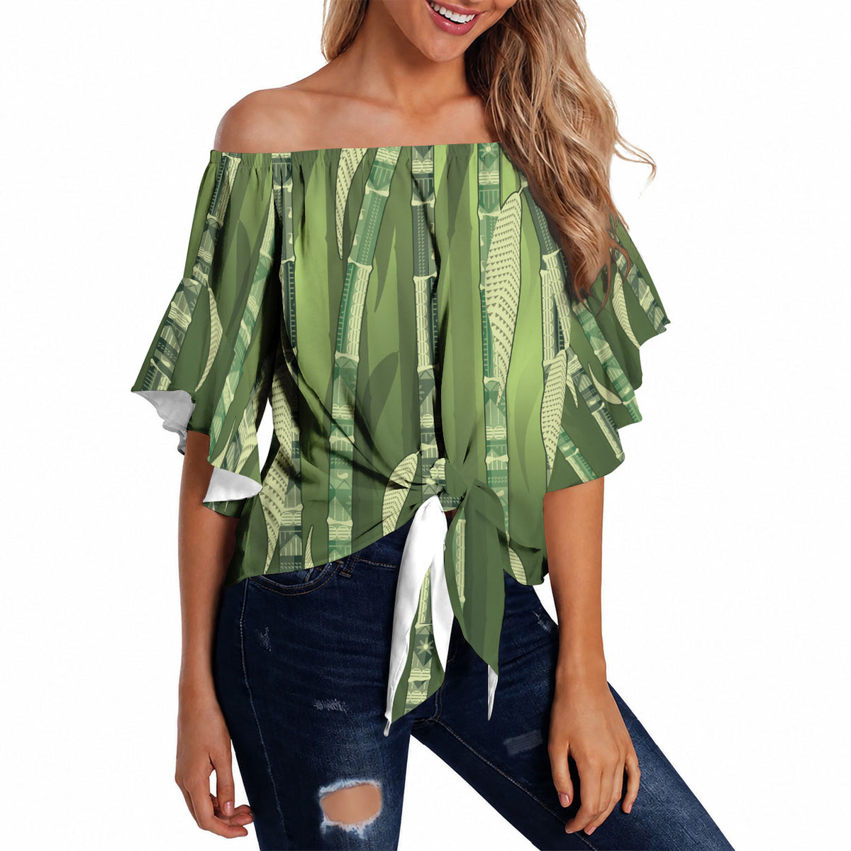 Personalised Fiji Language Week Sugarcane Masi Off Shoulder Wrap Waist Top Green Tapa Tribal Pattern DT05 - Polynesian Pride
