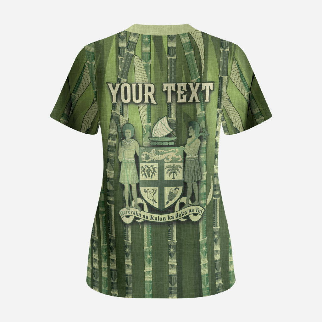 Personalised Fiji Language Week Sugarcane Masi Scrub Top Green Tapa Tribal Pattern