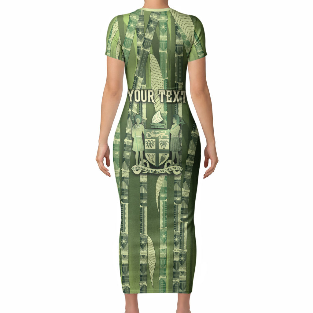 Personalised Fiji Language Week Sugarcane Masi Short Sleeve Bodycon Dress Green Tapa Tribal Pattern