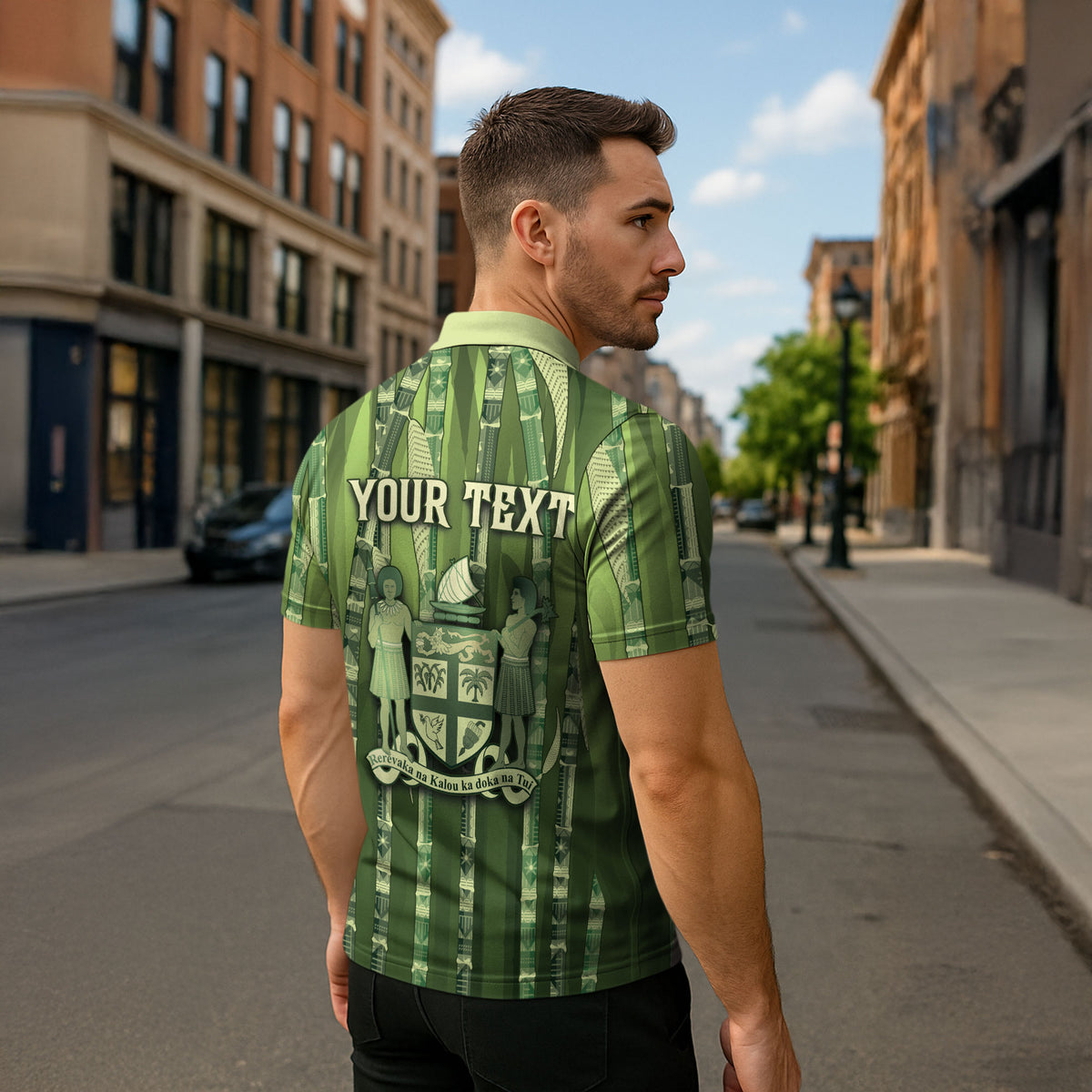 Personalised Fiji Language Week Sugarcane Masi Zipper Polo Shirt Green Tapa Tribal Pattern