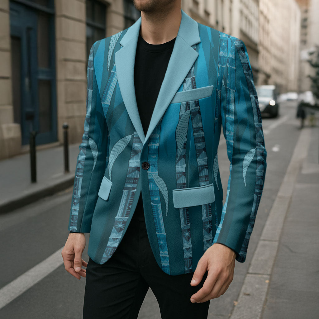Personalised Fiji Language Week Sugarcane Masi Blazer Blue Tapa Tribal Pattern