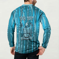 Personalised Fiji Language Week Sugarcane Masi Button Sweatshirt Blue Tapa Tribal Pattern