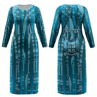 Personalised Fiji Language Week Sugarcane Masi Couples Matching Long Sleeve Bodycon Dress and Long Sleeve Button Shirt Blue Tapa Tribal Pattern