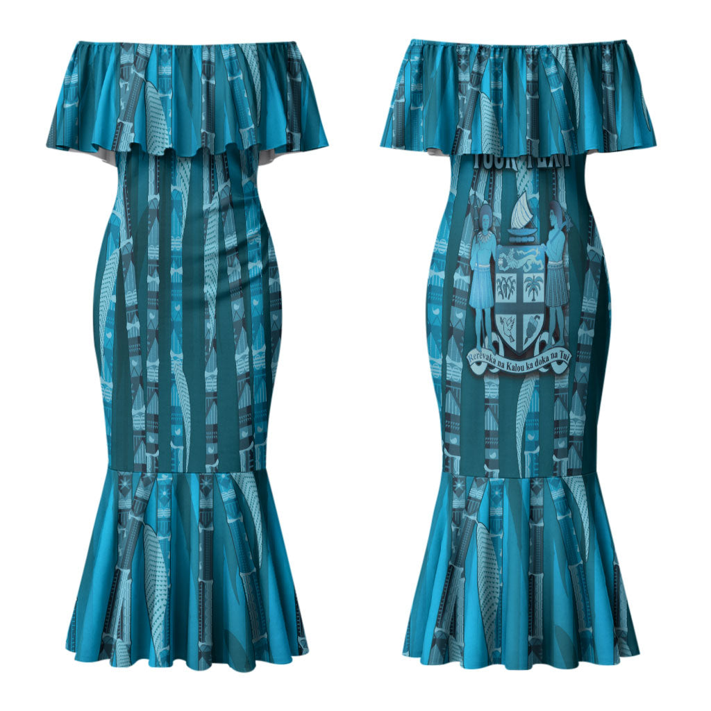 Personalised Fiji Language Week Sugarcane Masi Couples Matching Mermaid Dress and Long Sleeve Button Shirt Blue Tapa Tribal Pattern