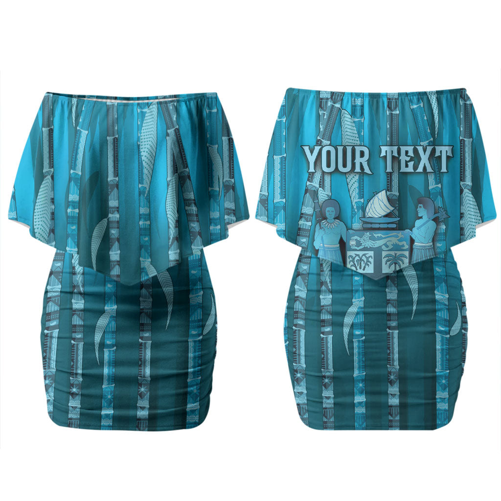 Personalised Fiji Language Week Sugarcane Masi Couples Matching Off Shoulder Short Dress and Long Sleeve Button Shirt Blue Tapa Tribal Pattern