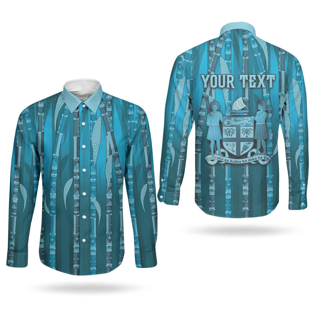 Personalised Fiji Language Week Sugarcane Masi Couples Matching Puletasi and Long Sleeve Button Shirt Blue Tapa Tribal Pattern