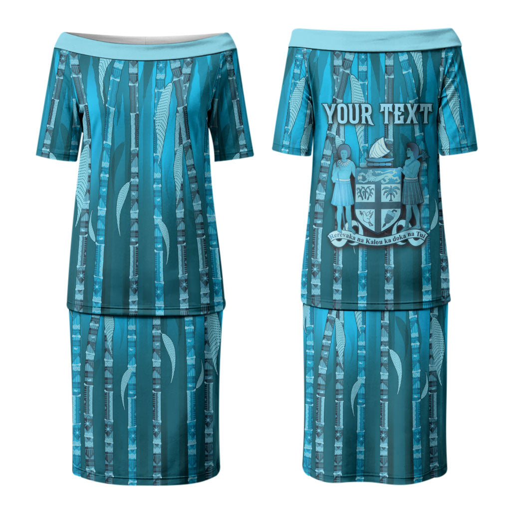 Personalised Fiji Language Week Sugarcane Masi Couples Matching Puletasi and Long Sleeve Button Shirt Blue Tapa Tribal Pattern