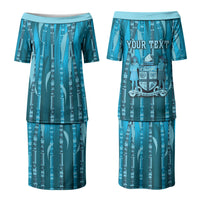Personalised Fiji Language Week Sugarcane Masi Couples Matching Puletasi and Long Sleeve Button Shirt Blue Tapa Tribal Pattern