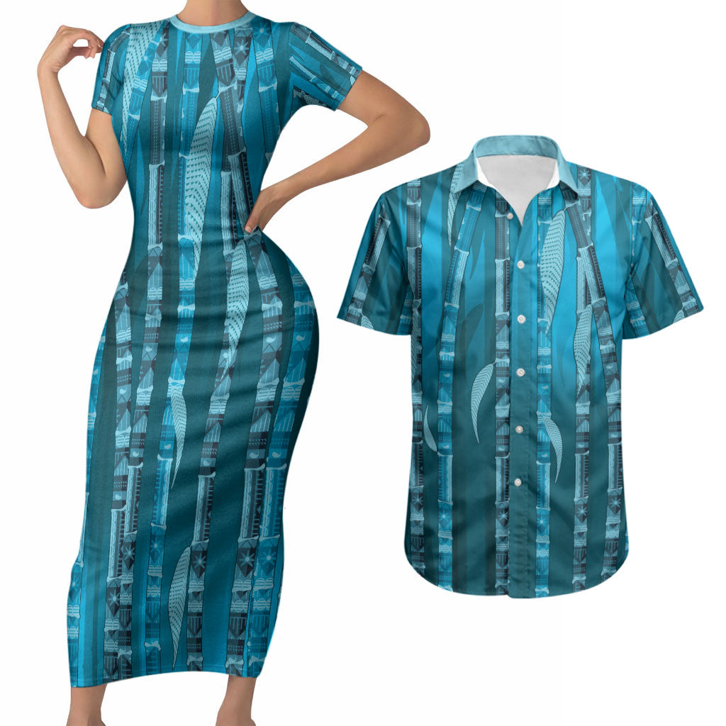 Personalised Fiji Language Week Sugarcane Masi Couples Matching Short Sleeve Bodycon Dress and Hawaiian Shirt Blue Tapa Tribal Pattern