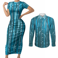 Personalised Fiji Language Week Sugarcane Masi Couples Matching Short Sleeve Bodycon Dress and Long Sleeve Button Shirt Blue Tapa Tribal Pattern