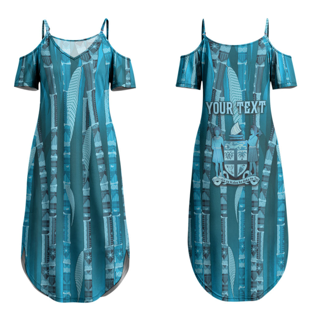 Personalised Fiji Language Week Sugarcane Masi Couples Matching Summer Maxi Dress and Long Sleeve Button Shirt Blue Tapa Tribal Pattern