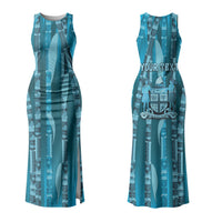 Personalised Fiji Language Week Sugarcane Masi Couples Matching Tank Maxi Dress and Long Sleeve Button Shirt Blue Tapa Tribal Pattern