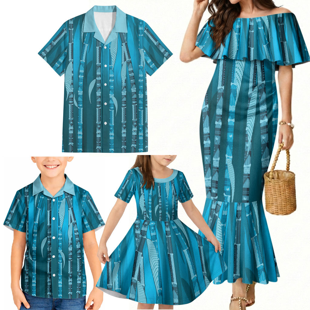 Personalised Fiji Language Week Sugarcane Masi Family Matching Mermaid Dress and Hawaiian Shirt Blue Tapa Tribal Pattern