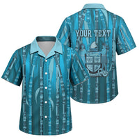 Personalised Fiji Language Week Sugarcane Masi Family Matching Off The Shoulder Long Sleeve Dress and Hawaiian Shirt Blue Tapa Tribal Pattern