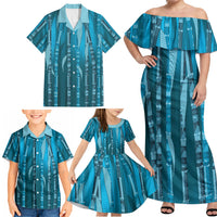 Personalised Fiji Language Week Sugarcane Masi Family Matching Off Shoulder Maxi Dress and Hawaiian Shirt Blue Tapa Tribal Pattern