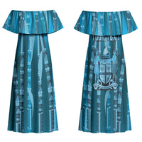 Personalised Fiji Language Week Sugarcane Masi Family Matching Off Shoulder Maxi Dress and Hawaiian Shirt Blue Tapa Tribal Pattern