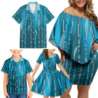 Personalised Fiji Language Week Sugarcane Masi Family Matching Off Shoulder Short Dress and Hawaiian Shirt Blue Tapa Tribal Pattern
