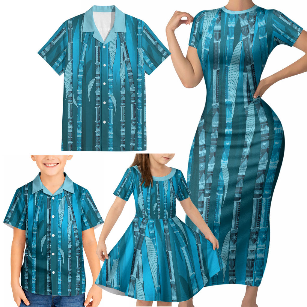 Personalised Fiji Language Week Sugarcane Masi Family Matching Short Sleeve Bodycon Dress and Hawaiian Shirt Blue Tapa Tribal Pattern DT05 - Polynesian Pride