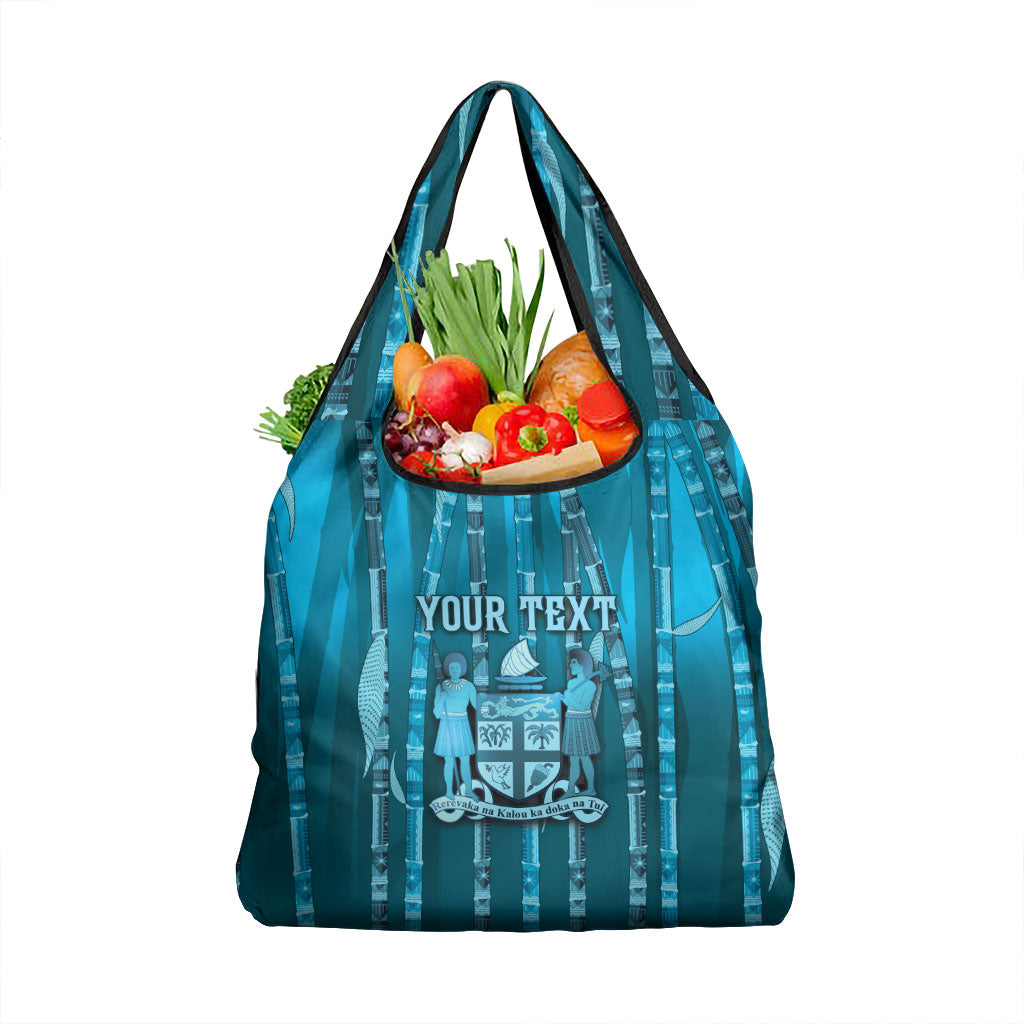Personalised Fiji Language Week Sugarcane Masi Grocery Bag Blue Tapa Tribal Pattern